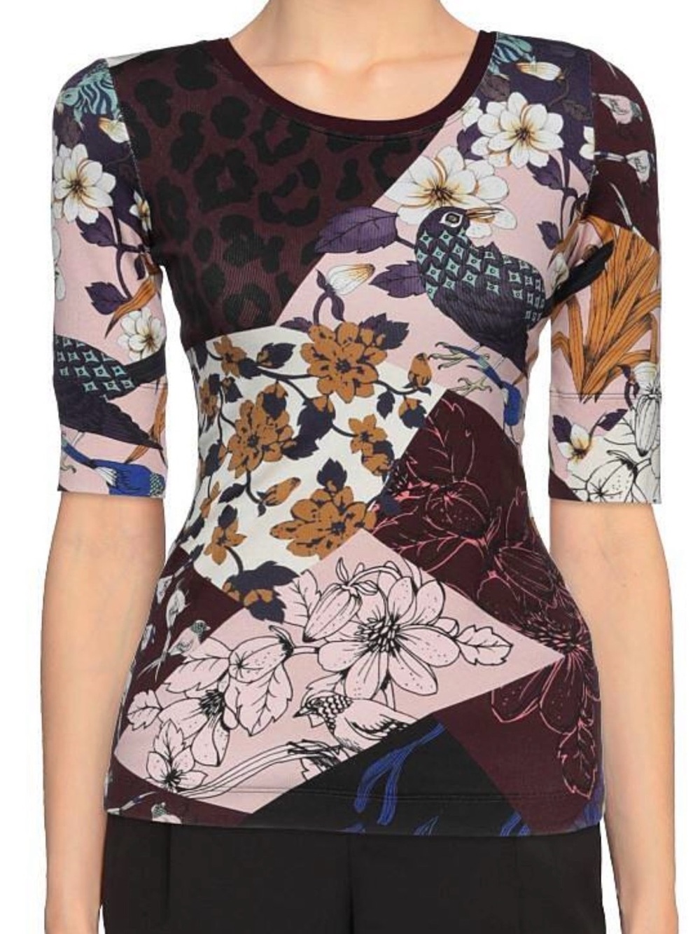 NWOT Marc Cain Floral Patchwork Half Sleeve Top in Plum, Pink and Navy